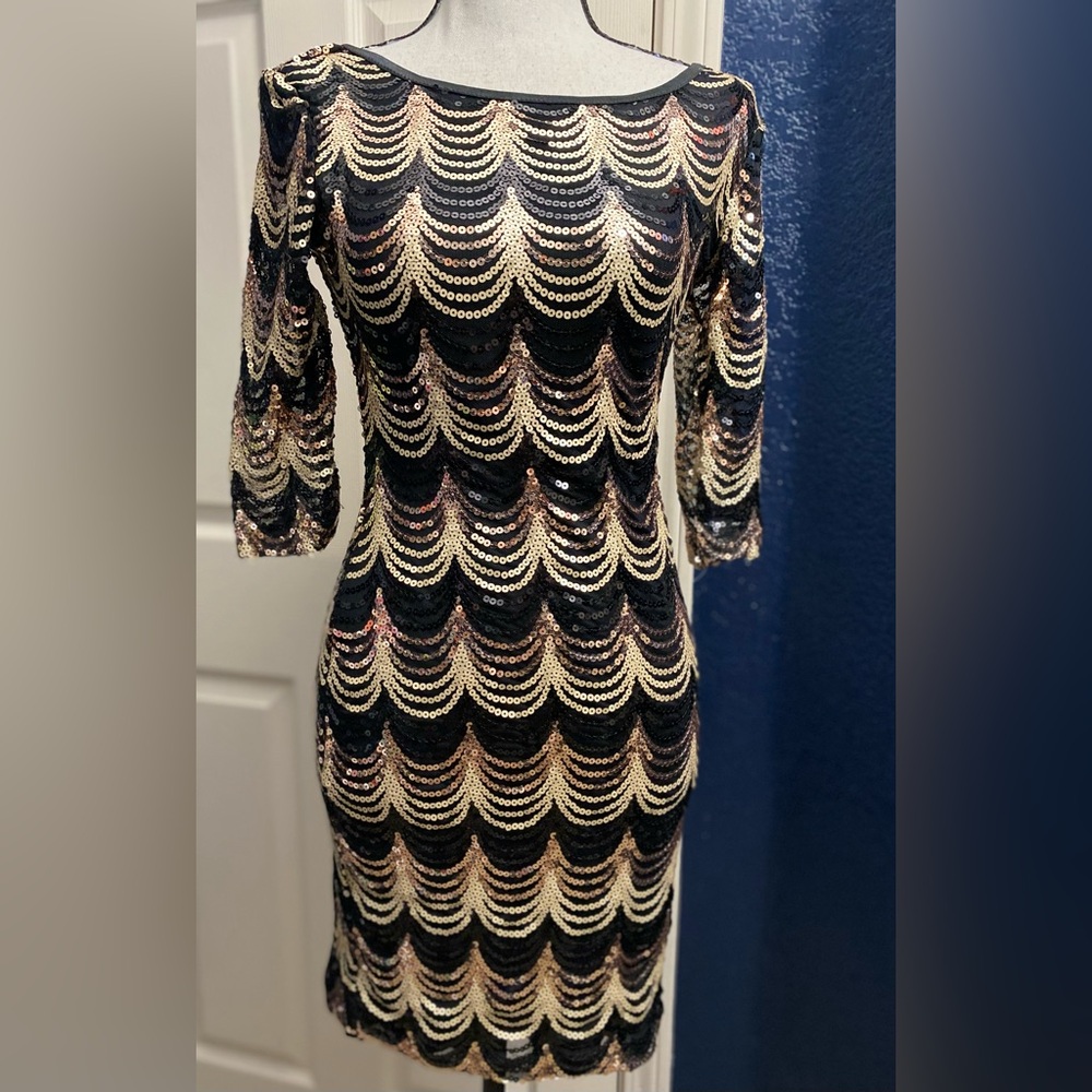 Crystal Doll Black and Gold Sequin Long Sleeve Dress